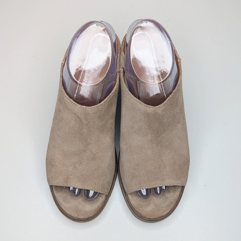 Lucky Brand Dalliey Suede Mules Tan Beige Open Toe Chunky Platform Heels Size 8 - Picture 2 of 8